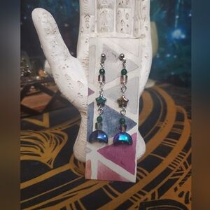 Handmade Genuine Moss Agate And Crescent Moon Hypoallergenic Earrings